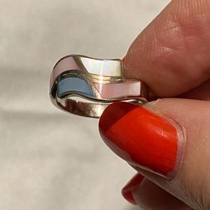 925 silver ring with pink, blue and white stones.